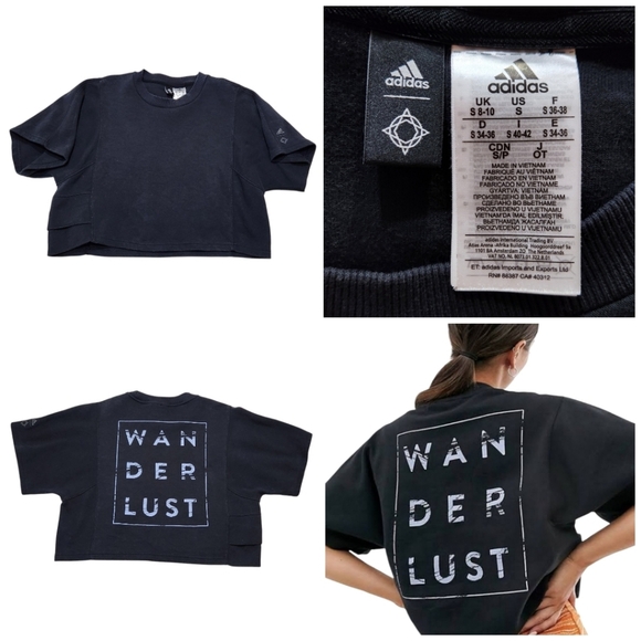 Adidas Cropped Wanderlust Thick Short Sleeve Black Shirt Sz Small Side Pocket - Picture 1 of 13